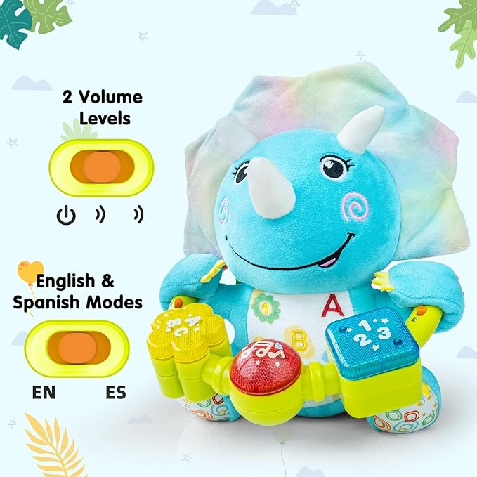 Baby Bilingual Musical Dinosaur Stuffed Animals Toys,Infant Early Learning Toy with Light-Up Music & Crinkle,Tummy Time Toys for 0 3 6 9 12+ Months for Baby Boy Girl Gift