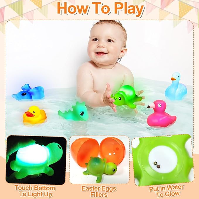 6 Pack 3.5" Large Easter Eggs Filled with Light Up Animal Floating Bath Toys, Plastic Easter Eggs with Dinosaur, Duck Toys Inside for Kids Toddlers Easter Basket Stuffers Fillers Gift Party Favors