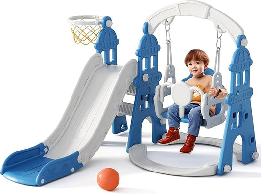 XJD 5-in-1 Toddler Slide and Swing Set, Kids Slide for Toddlers Age 1+, Toddler Outdoor Playset with Basketball Hoop, Swing, Outdoor Indoor Playground for Toddlers 1-3 (Blue)