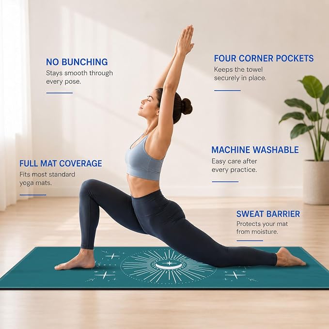 Yoga Mat Towel, Hot Yoga Non Slip with 4 Corner Pockets, 70 x 26 in | Soft Absorbent Microfiber With Four Corner Pockets, Fits Over Yoga Mats For Hot Yoga, Pilates, Gym, And Travel