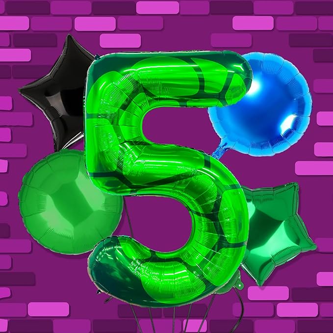 5Pcs Cartoon Turtle Theme Birthday Decorations 40 Inch Number 5 Foil Balloons Super Green Turtle Themed Hero Large Mylar 5th Number Balloon Video Game Pizza Balloons Party Favors Blue
