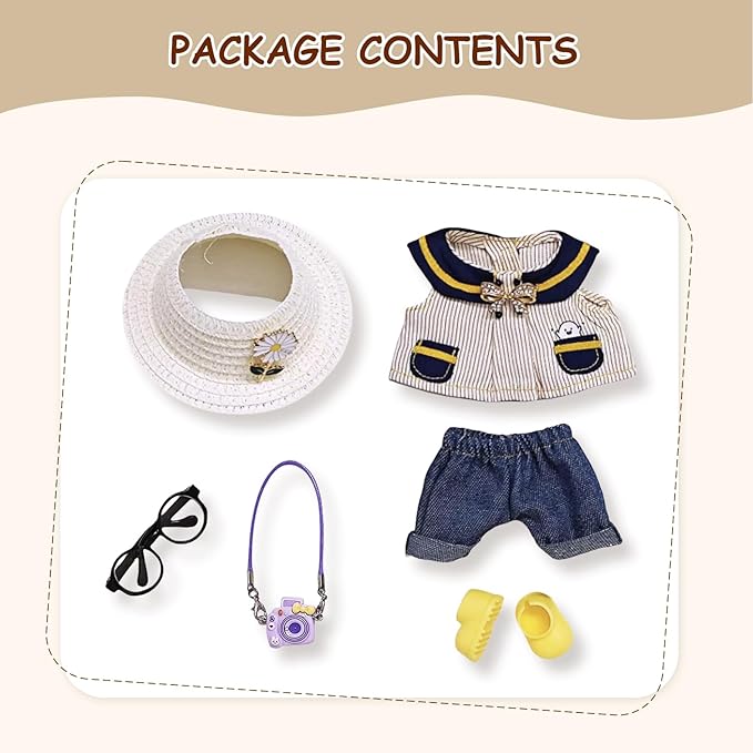 17cm Doll Clothes Set (6-Pcs Outfit), Stylish Clothing for Bunny Doll with Top, Pants, Shoes & Accessories, Just Clothes