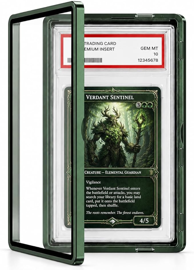 Magenetic Trading Card Slab Protector - Premium Aluminum Graded Card Showcase, Graded Slab Protector with UV-Resistant Tempered Glass, Personalized Slab Bumper for Collectors, Green