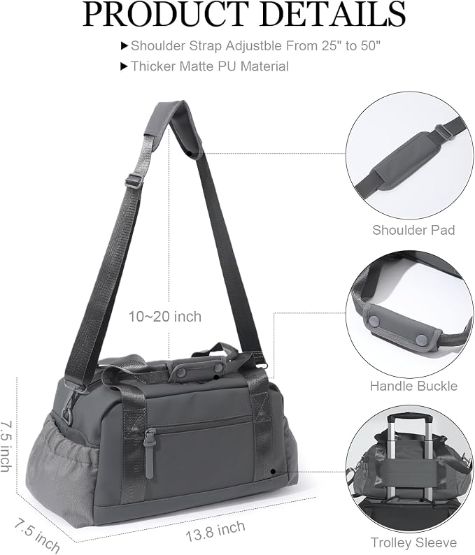 Bucosd Small Gym Bag for Women, Mini Crossbody Gym Duffle Bag with Wet Compartment, Carry on Gym Tote Bag for Workout Dance Sport Travel (Medium-Grey)