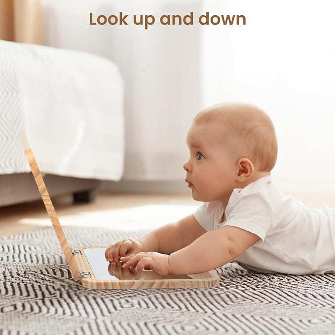 Woodtoe Tummy Time Mirror for Babies, 0-180° Adjustable Angle Floor Mirror, Baby Mirror with 15 Educational Cards, Shatterproof Baby Safe Mirror Toy, Montessori Gift for Boy Girl 0-6 Months