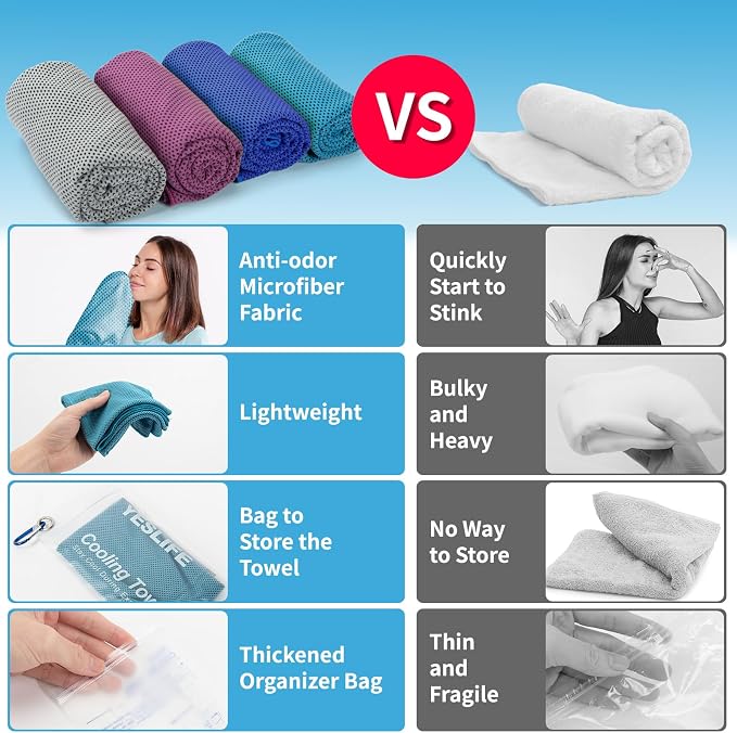 YESLIFE 4 Pack Cooling Towels (40"x12"), Gym Sweat Towels, Cooling Neck Wraps, Soft Breathable Microfiber Towels for Yoga, Running, Sport, Workout, Camping & More (Multicolor)