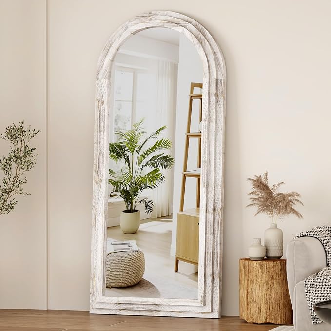 ZHUNFA External Three-Layer Arched Full Length Mirror with Solid Wood Frame | 65x22 Modern Farmhouse Decor Standing Mirror Full Length, Wall Mounted, Leaning, Standing for Bedroom, Living Room, White.