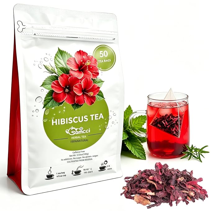 Samcci - Hibiscus Tea Bags, 50 Teabags - Premium dried hibiscus flower for tea - flor de jamaica natural - Non-GMO - Caffeine-free - Rich in Antioxidants & Support Digestion