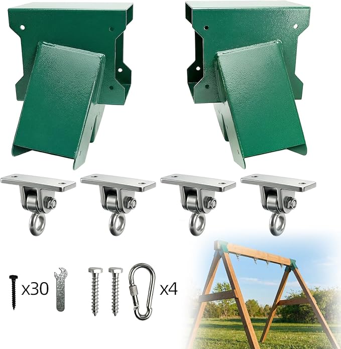 Swing Sets Brackets Heavy Duty - 2 A-Frame End Swing Set Brackets and 4 Swing Hangers with Mounting Hardware, Swing Brackets Fits 4x4 Legs & 4x6 Beam, Backyard Playground Porch Swing Set Kit