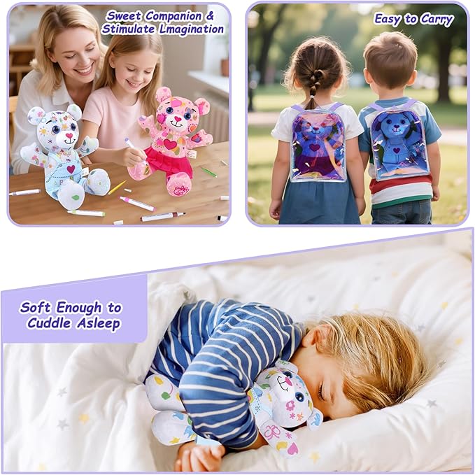 Stuffed Animal Coloring Plush Toy with 20 Washable Markers Laser Holographic Backpack Road Trip Car Game Writing Painting Set for Girls Doodle Dolls Kids Ages 3-6 Birthday(Blue Bear)