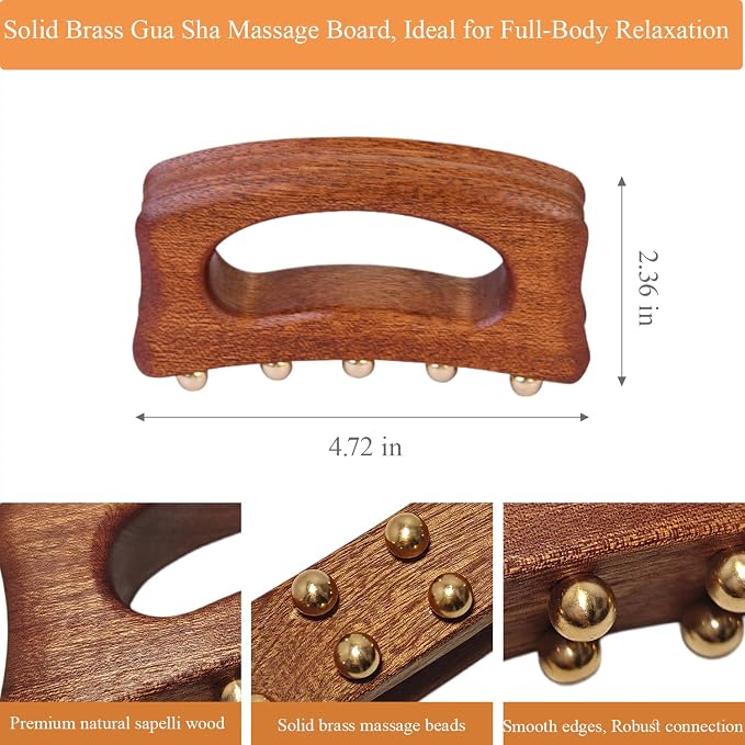 Brass Beads Gua Sha Massage Board for Neck Shoulder Back Abdomen Muscle Relaxation, Body Sculpting & Meridian Relief Copper Meridian Point Massage Board Chinese SPA Gua Sha Tool Natural Wooden Handle