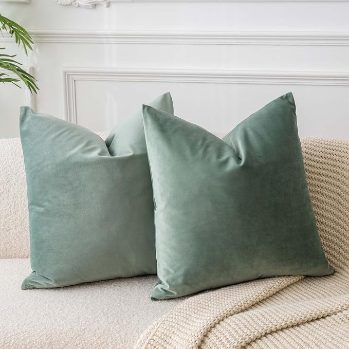 JUSPURBET Decorative Pillow Covers Set of 2 Velvet Throw Pillow Covers for Couch Sofa Bed Soft Euro Cushion Covers Cases with Hidden Zipper for Living Room Home Decor 28x28 inch,Sage