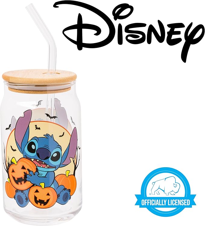 Silver Buffalo Disney Lilo and Stitch Halloween Spooky Pumpkin Patch Jack-O-Lantern Glass Jar Tumbler with Bamboo Lid and Glass Straw, 16 Ounces
