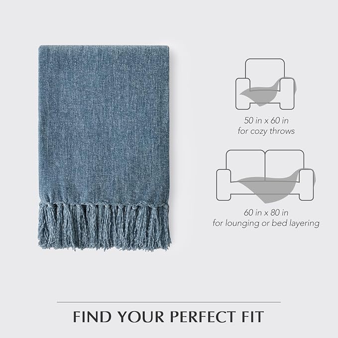 Chenille Knit Throw Blanket for Couch, 50"x60", Cloud Blue | Cozy Plush Fuzzy Knittd Throw with Tassels, Lightweight, Decorative, Farmhouse Decor, Ideal for Bed Sofa Gift, All Seasons
