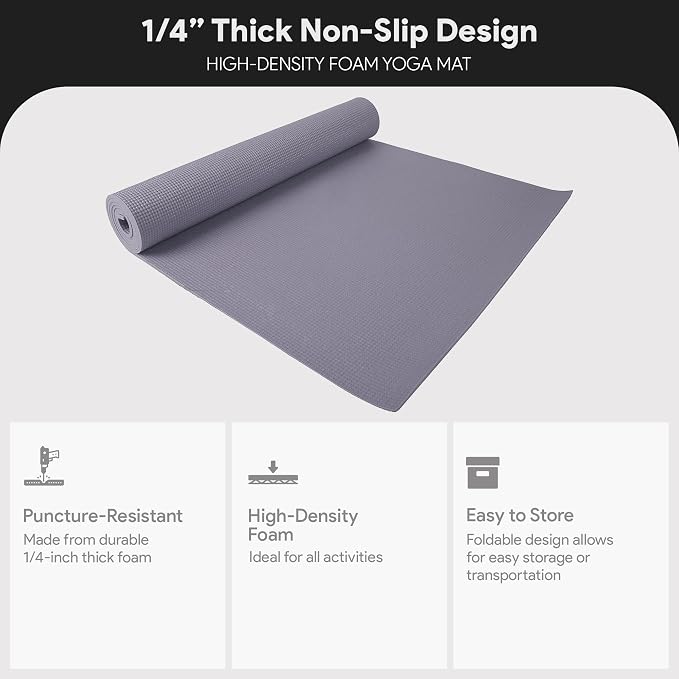 Fitvids All Purpose 1/4-Inch High Density Anti-Tear Exercise Yoga Mat with Carrying Strap, Multiple Colors