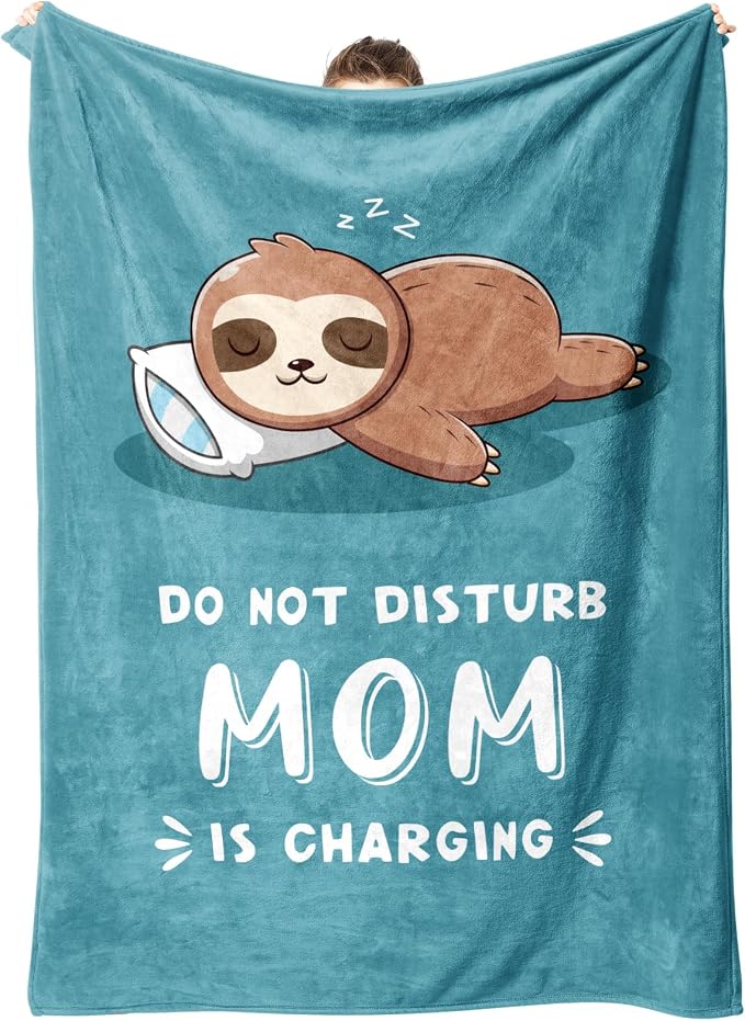 Leebbsin Funny Gifts for Mom, Birthday Gifts for Mom from Daughter Son | Mom is Charging Sloth Blanket, 60" x 80", Cyan, Mom Gift for Christmas Mothers Day, Soft Sloth Throws Blanket for Mother