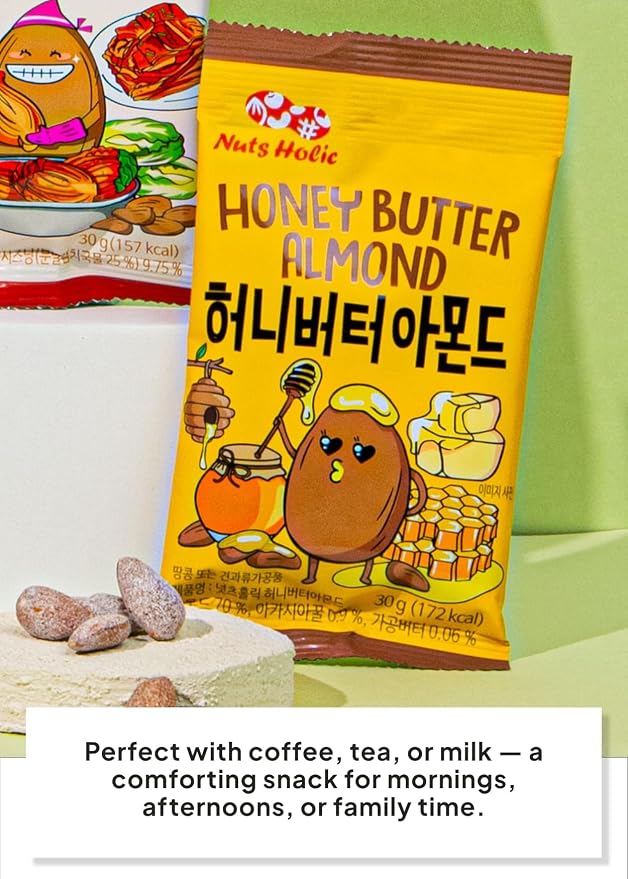 Korean Food Nuts Holic Honey Butter Almond, Sweet & Savory, Snack Mix, 8Pks | Sweet and savory seasoned almond snack in convenient individual packs with honey butter flavor