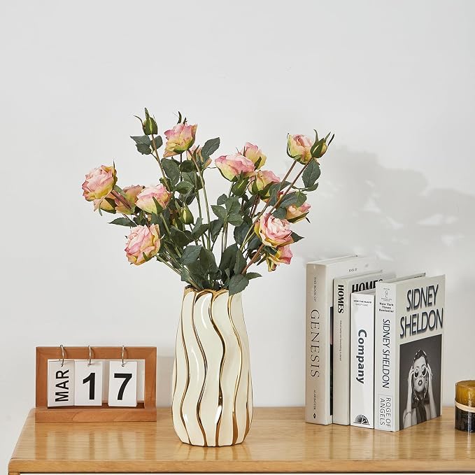 Ceramic Vase for Home Decor,Decorative Flower Vase, Vertical Stripe Ceramic Vases for Home Décor, Bedroom, Office, Living Room, Bathroom, Tabletop Decor, Centerpiece Table Decorations (Cream)