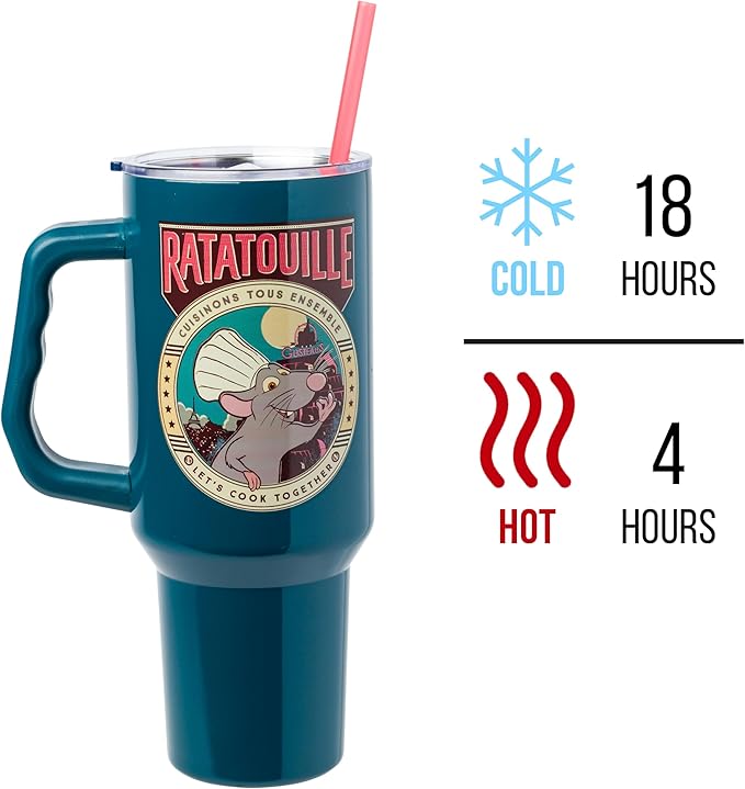 Silver Buffalo Disney Pixar Ratatouille Remy "Let's Cook Together" Double Walled Stainless Steel Tumbler with Handle and Straw, Fits in Standard Cup Holder, 40 Ounces
