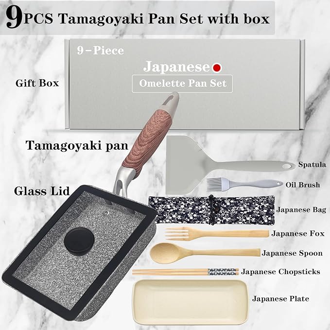 9Pcs Tamagoyaki Pan Set, Japanese Omelette Pan Nonstick with Lid, Square Japanese Egg Skillet Rectangle 7"x5" Grey