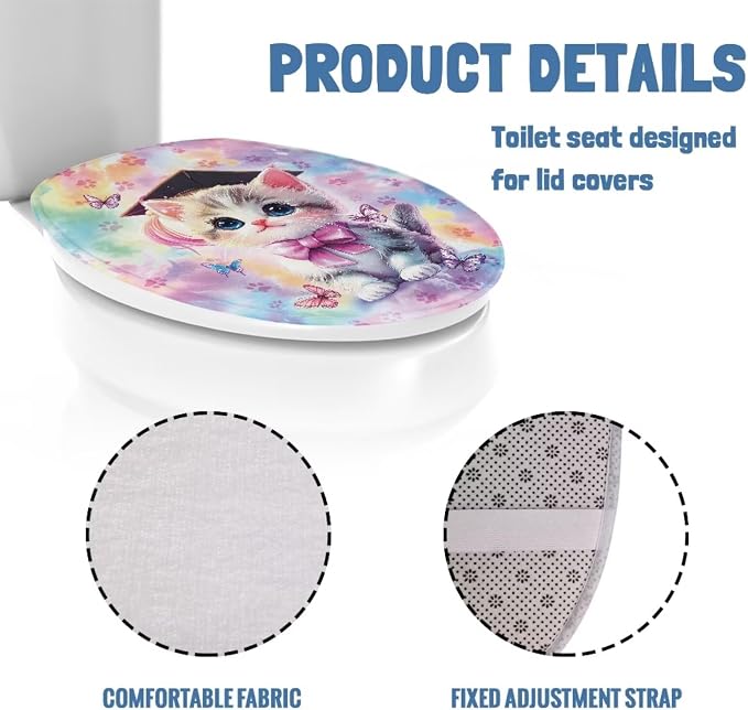 Tie Dye Toilet Seat Covers with Elastic Band for Bathroom Tie Dye Cat Toilet Tank Dust Cover Soft Bathroom Replacement Universal Fit Elongated Oval Round Lid,Easy to Clean