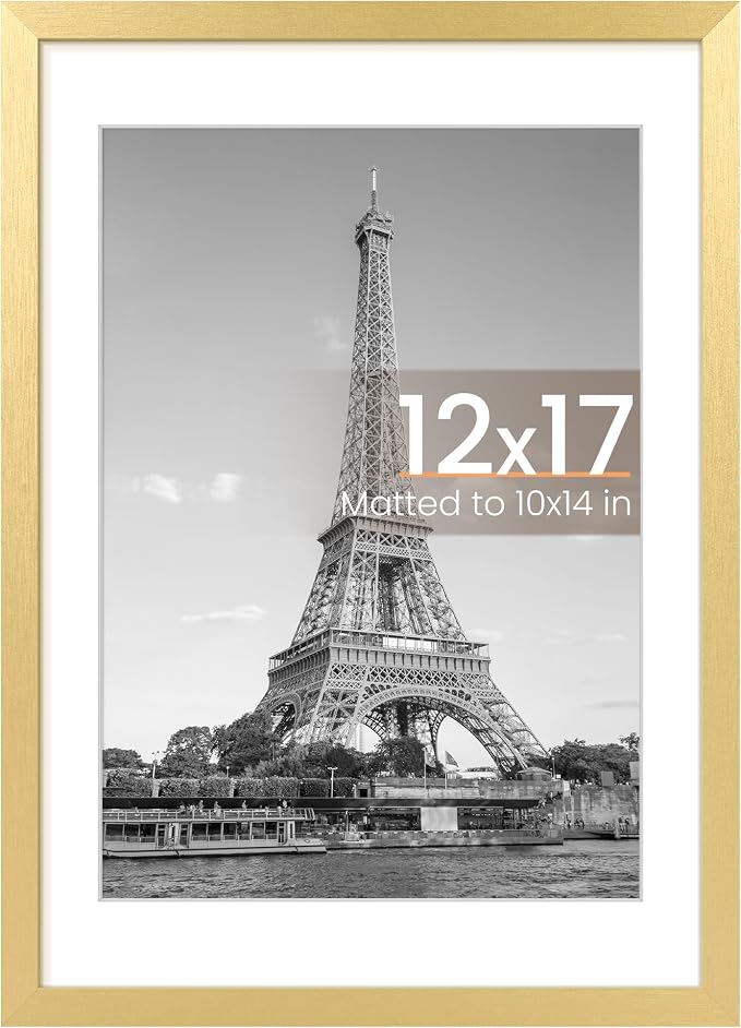 upsimples 12x17 Picture Frame, Display Pictures 10x14 with Mat or 12x17 Without, Wall Hanging Photo Frame, Gold, 1 Pack