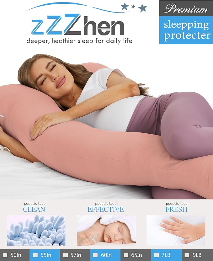 ZZZhen Pregnancy Pillow for Sleeping, U Shaped Maternity Pillow - 56 Inch with Grey Microfiber Removable Cover, Multi- Use and Support Back, Hips, Legs, Belly for Pregnant Pink Women Sleeping