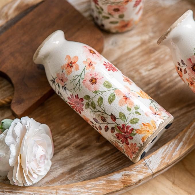 Vintage Vase Set of 3, Ceramic Vintage Flower Vases, Chinoiserie Decorative Home Decor Retro Floral Vase Rustic Farmhouse Decor for Table Bookshelf Mantel Kitchen Living Room Office - Colorful Daisy