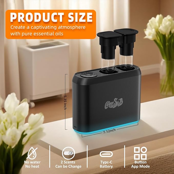Smart Aroma Diffuser, Dual-Nozzle Waterless Essential Oil Diffuser with Cool Mist, Super Silent Aromatherapy Essential Oil Diffuser Battery Operated for Car, Home, Office Black