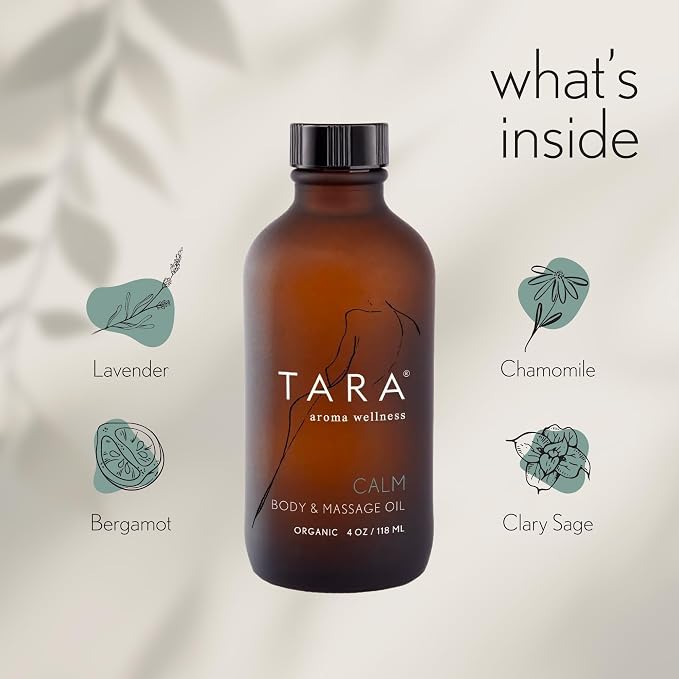 TARA Spa Therapy Calm Body & Massage Oil – Premium Organic Oil for Stress Relief & Relaxation, 100% Pure Essential Oils, Lavender, Mandarin & Chamomile, 4 oz