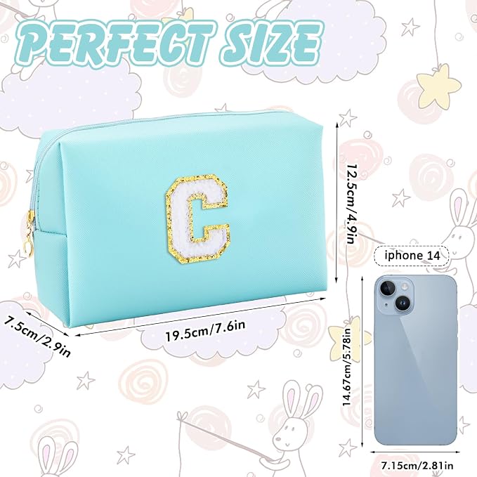 URSKYTOUS Gifts for Girls Initial Makeup Bag Personalized Cosmetic Bag with Zipper Cute Travel Toiletry Bag Waterproof PU Preppy Makeup Pouch Birthday Gift for Teen Girls Women(Blue C)