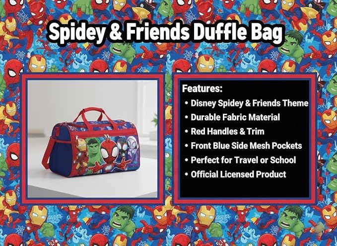 Marvel Spidey and Friends Kids Duffle Bag 16.5" – Travel & Sports Bag with Zipper Pocket, Mesh Sides & Strap