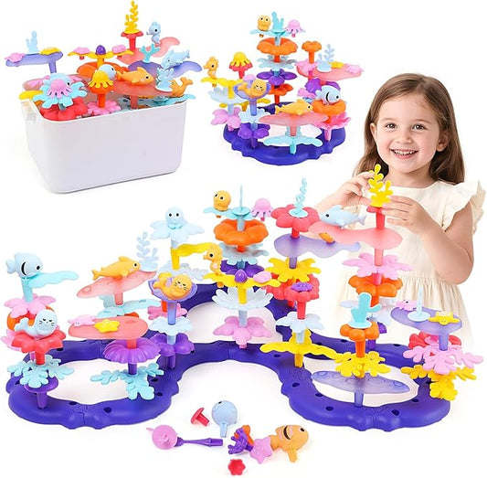 Ocean Flower Garden Building Toy for Toddlers 3-7 Years Old - Educational STEM Gifts for Girls Age 3 4 5 6 7, DIY Kids Sea Animal Coral Stacking Set, 120+ PCS Preschool Learning Activity Kit