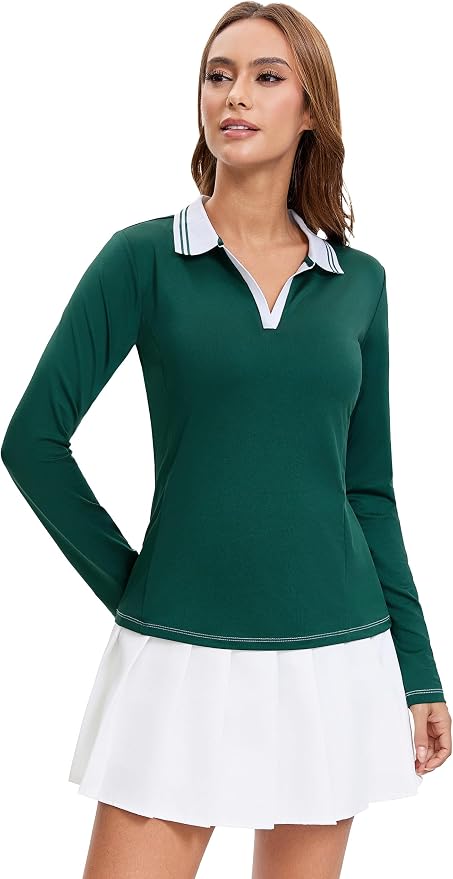 MathCat Womens Golf Shirts, Long Sleeve Polo Shirts Collared V Neck Tennis Shirts Breathable Athletic Tops