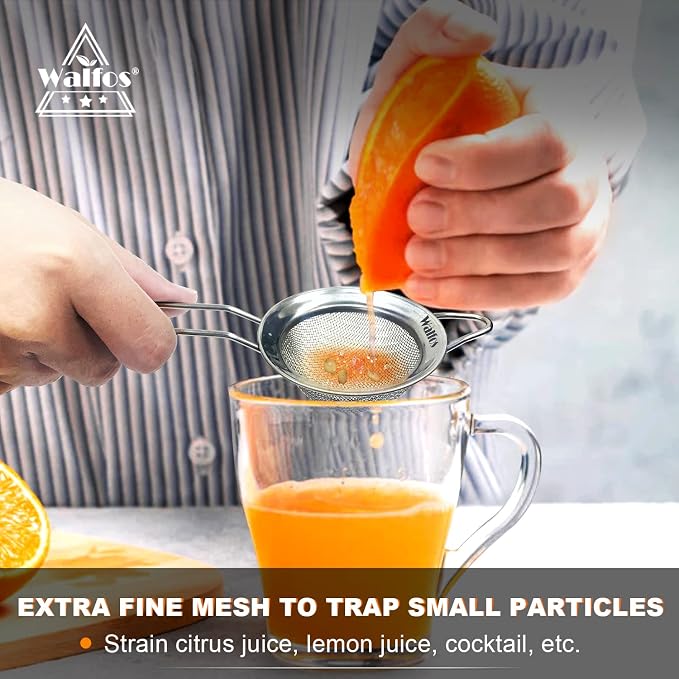 Walfos Small Fine Mesh Tea Strainer, Mini Stainless Steel Sieve with Handle, 2.7 Inch Kitchen Metal Sifter Strainers for Tea, Juicing, Coffee, Cocktail, Powdered Sugar, Matcha (2 Pack)