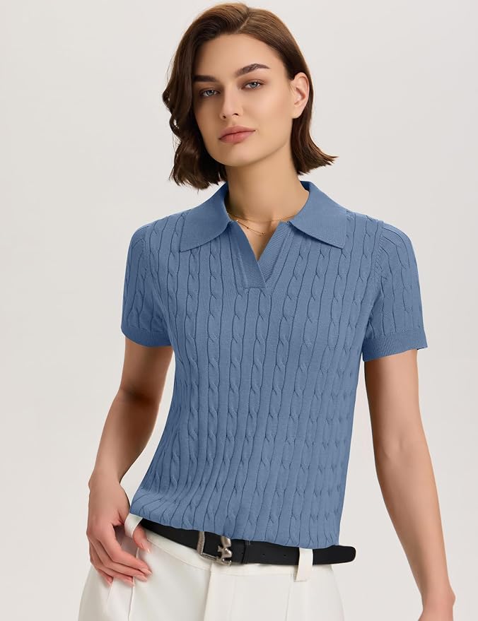 Micoson Womens Short Sleeve Sweater Tops Lapel V Neck Polo Shirts 2026 | Summer Cable Knit Loose Blouses, Business Casual Outfits