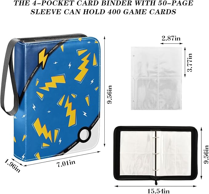 Blue Lightning Card Binder, 4 Pocket Trading Card Holder with 50 Removable Sleeves, Zipper Card Binder Fits 400 Cards, Collection Card Storage Case Album Book Gifts