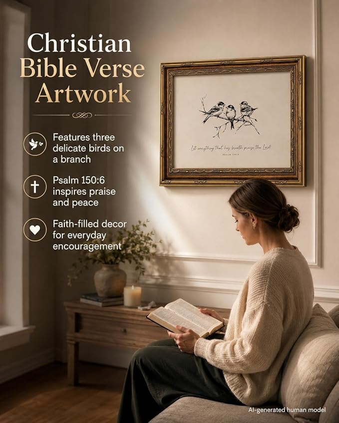 Vintage Gold Framed Bird Wall Art, Christian Bible Verse, 12 x 16 in | Sketch bird canvas with Christian scripture and vintage gold frame for living rooms, bedrooms, hallways, or prayer spaces.