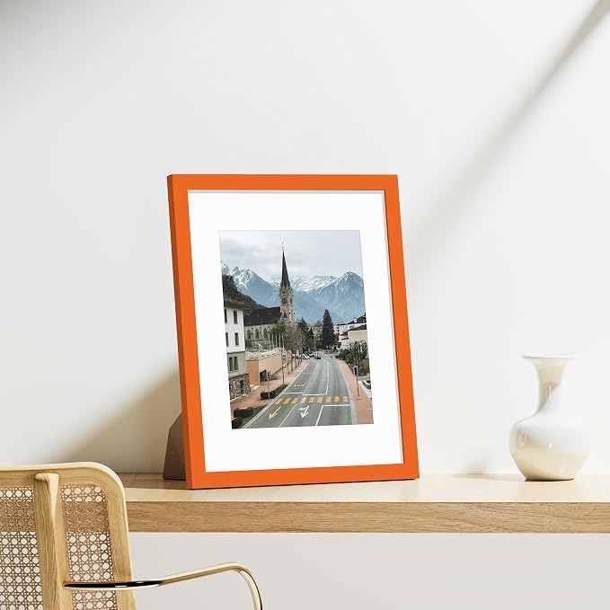 Vittanly 11x14 Picture Frames Set of 9 for Wall Mounting, Orange | Display Pictures 8x10 with Mat or 11x14 without Mat, Engineered Wood with Shatter Resistant Plexiglass, Gallery Photo Frames