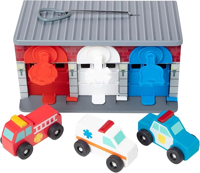 Melissa & Doug Toy Keys and Cars Wooden Rescue Vehicles and Garage (7 pcs) Toddler Pull Back Toys, Toy Garage for Kids Ages 3+