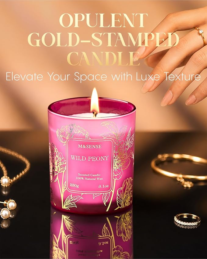 M&SENSE Wild Peony Soy Candle, 8.1oz Gilded Glass, Romantic Spa Night | 42H Long Burn, Sensitive-Safe, No Toxin, Romantic Home Fragrance, Women's Gift