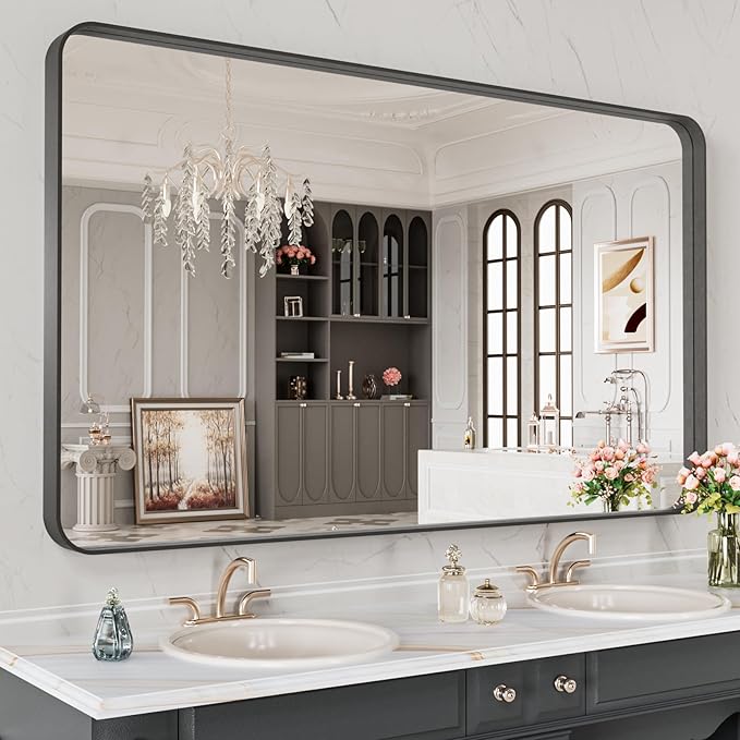 LOAAO 48X28 Inch Black Metal Framed Bathroom Mirror for Wall | Matte Black Bathroom Vanity Mirror, Anti-Rust, Tempered Glass, Hangs Horizontally or Vertically