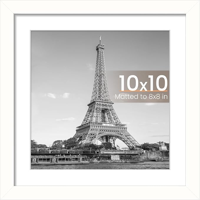 upsimples 10x10 Picture Frame, Display Pictures 8x8 with Mat or 10 x 10 Without, Wall Hanging Square Frames, White, 1 Pack