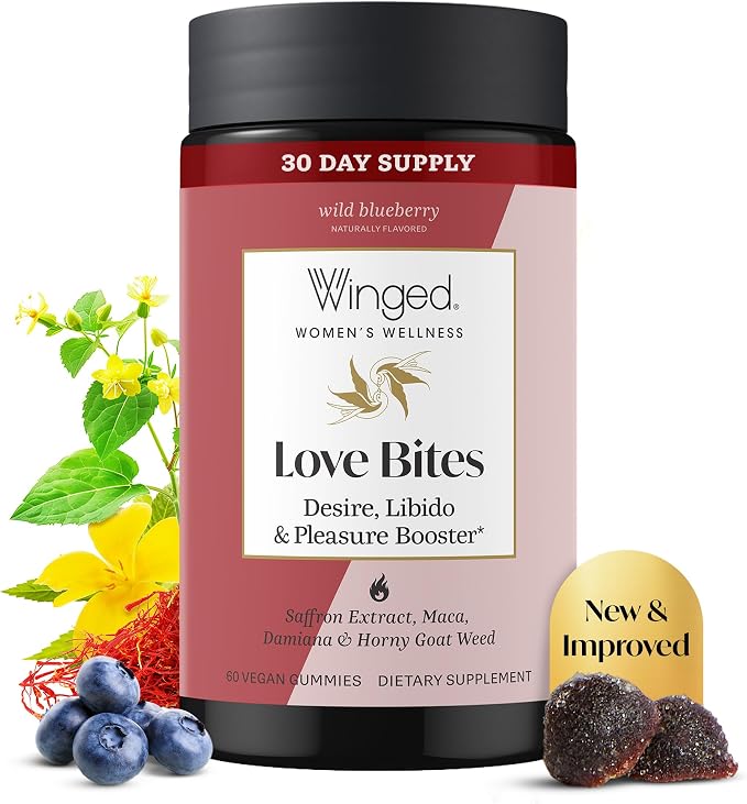 Winged Wellness Love Bites, Libido Booster for Women with Maca Root - Libido & Pleasure Booster with Horny Goat Weed & Damiana - Natural Aphrodisiac Gummy Supplement - Wild Blueberry, 60 Vegan Gummies