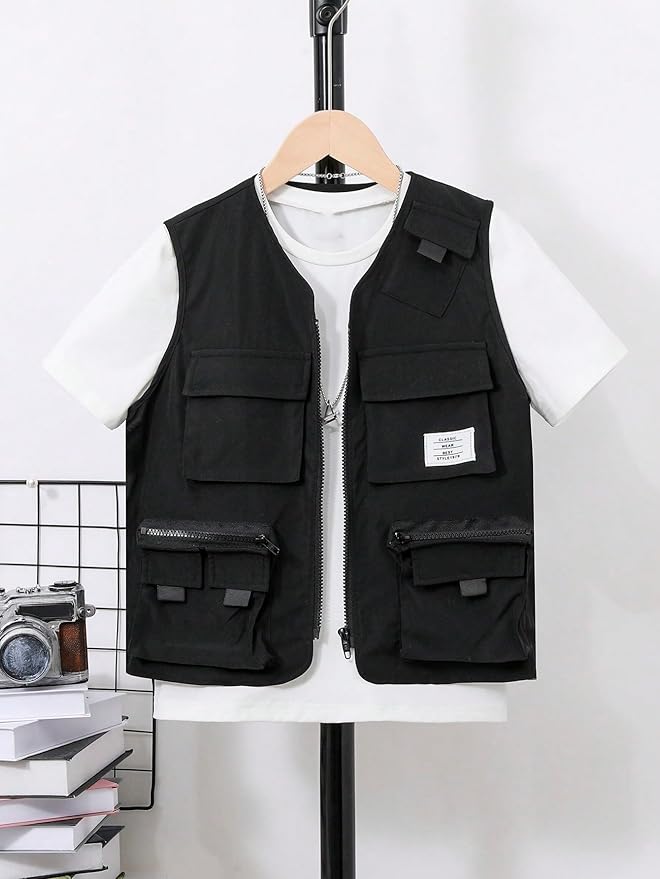 Verdusa Boy's Pocket Front Buckle Sleeveless Cargo Vest Jacket