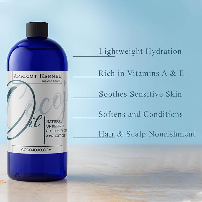 Dr Joe Lab Apricot Kernel Oil - Cold Pressed Pure Natural Moisturizing for Hair and Skin (16 oz)