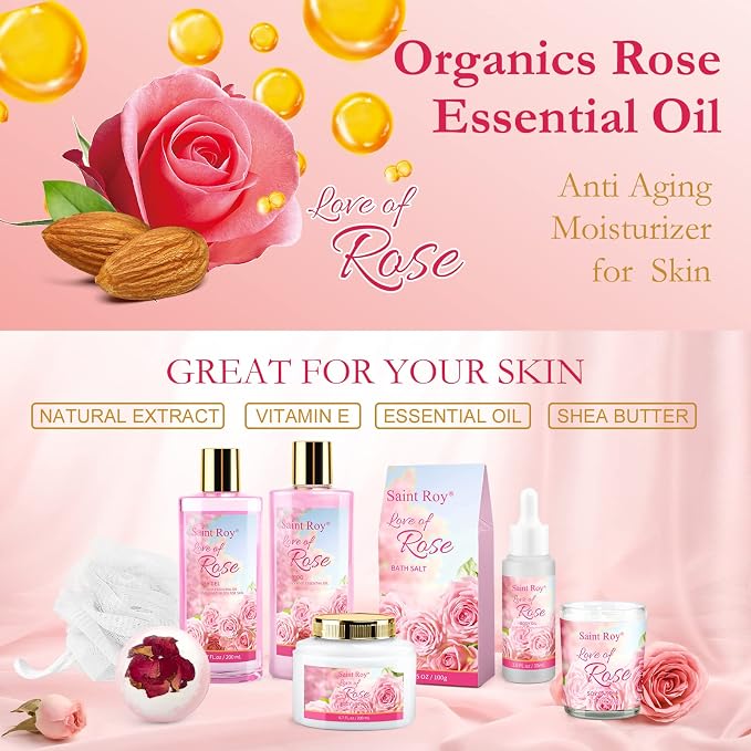 Spa Gifts for Women Rose Spa Gifts Bath and Body Gift Basket Set Care Kit | Bath Gift Set Self Care Pampering Kit with Shower Gel, Christmas, Valentines Day Gift for Mom, Birthday Gifts for Her, Wife