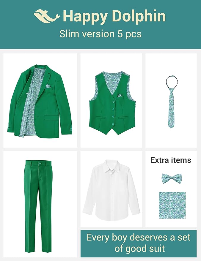 Happy Dolphin Boys Suit Set Modern Fit Kids Suits Adjustable Waist Boys Wedding Outfit for Boy Communion Suits for Boys