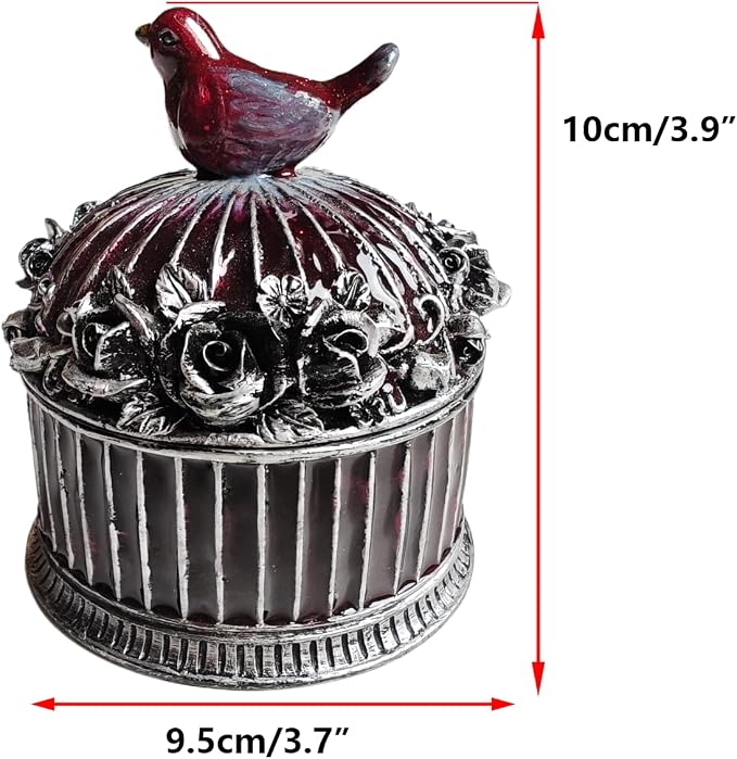 Vintage Birdcage Jewelry Box, Trinket Keepsake Holder with Red Bird & Black Roses, Antique Silver Resin Decorative Storage Container for Rings, Earrings, Vanity & Shelf (bird)