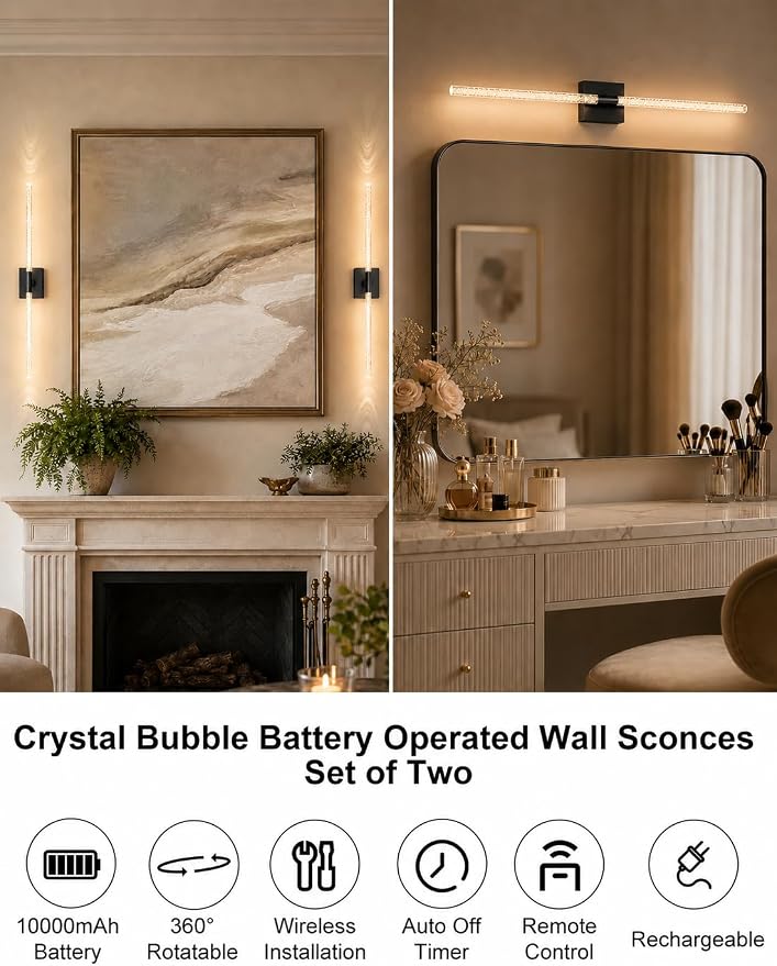 Crystal Bubble Rechargeable Wall Sconces Set of 2, Wireless Modern Lights | 10000mAh, Remote Control, 3000K-6000K Dimmable, 360° Adjustable, Ambient Lighting for Living Room, Bedroom, Picture, Bathroom